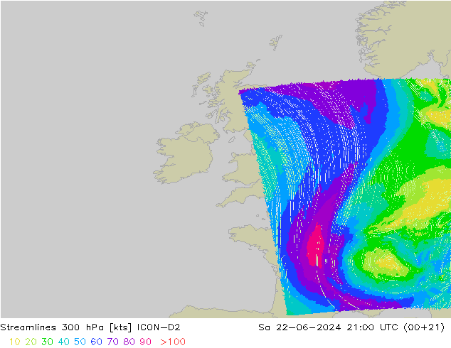 Rüzgar 300 hPa ICON-D2 Cts 22.06.2024 21 UTC