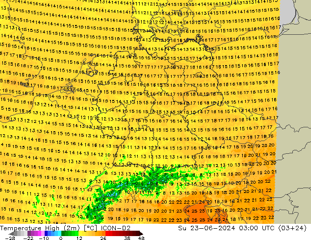 Temperature High (2m) ICON-D2 Su 23.06.2024 03 UTC