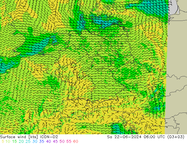 Wind 10 m ICON-D2 za 22.06.2024 06 UTC