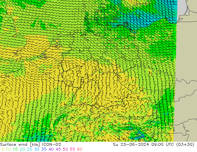 Vent 10 m ICON-D2 dim 23.06.2024 09 UTC