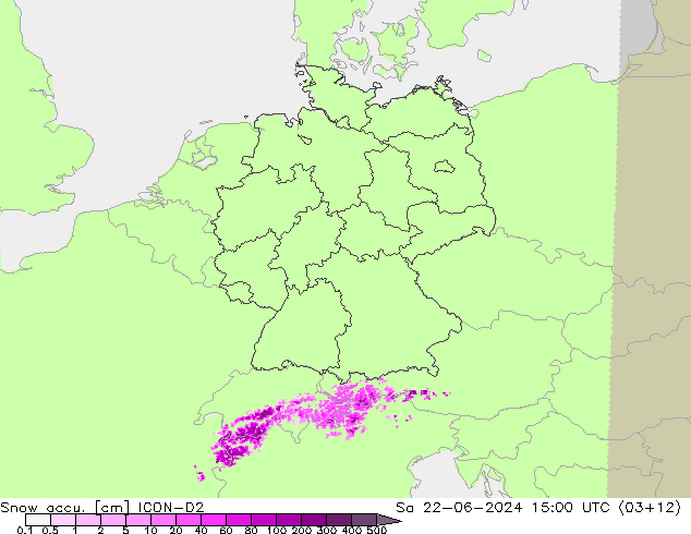 Snow accu. ICON-D2 Sáb 22.06.2024 15 UTC