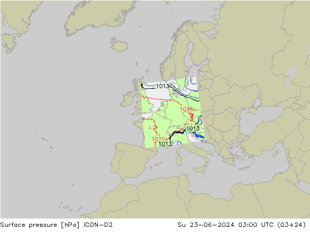 Presión superficial ICON-D2 dom 23.06.2024 03 UTC