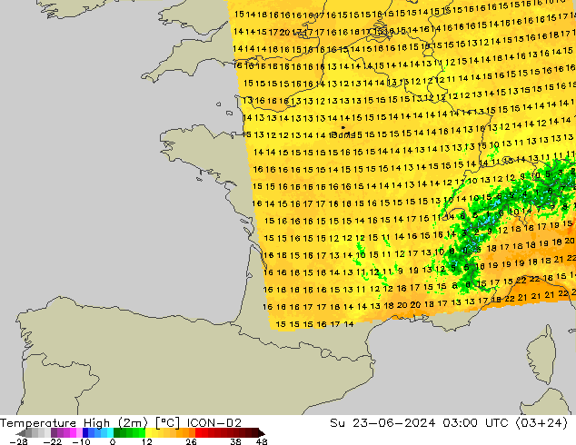 température 2m max ICON-D2 dim 23.06.2024 03 UTC