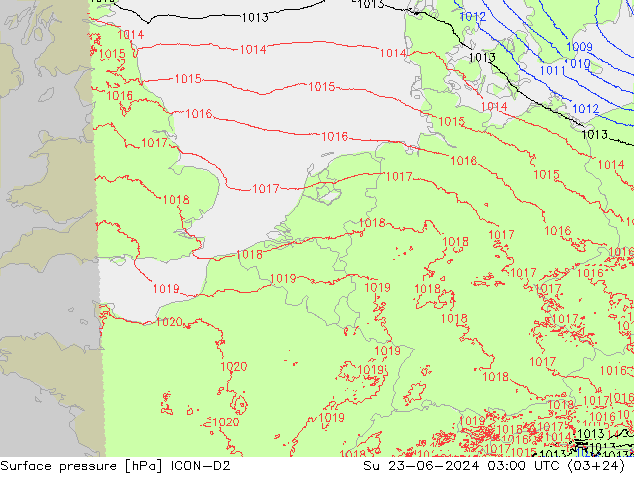 Atmosférický tlak ICON-D2 Ne 23.06.2024 03 UTC