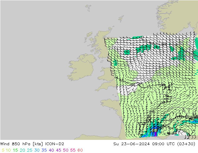 Viento 850 hPa ICON-D2 dom 23.06.2024 09 UTC