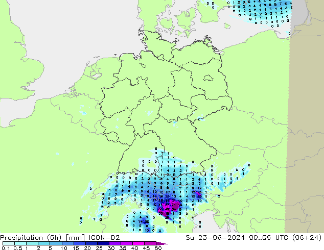 降水量 (6h) ICON-D2 星期日 23.06.2024 06 UTC