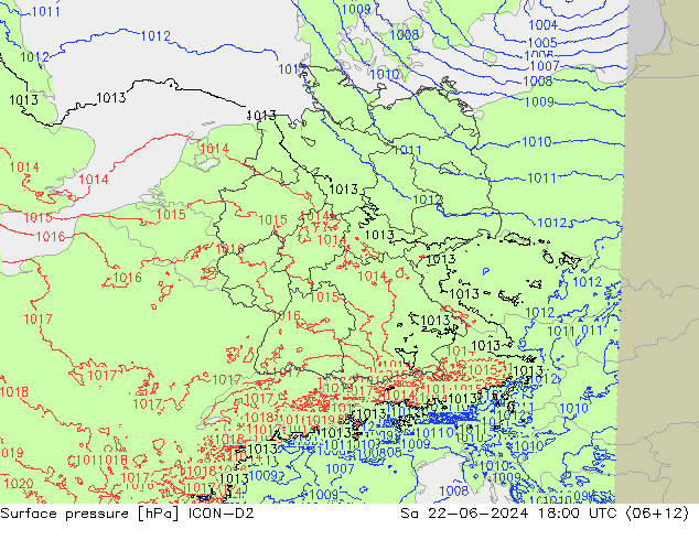 Atmosférický tlak ICON-D2 So 22.06.2024 18 UTC