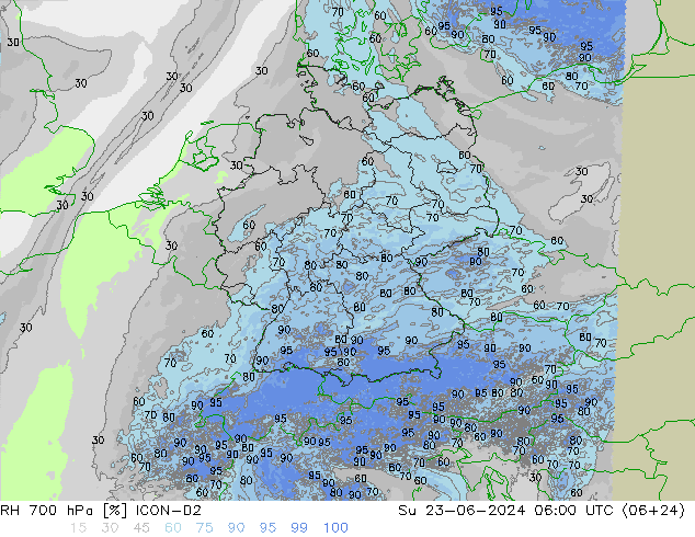 Humedad rel. 700hPa ICON-D2 dom 23.06.2024 06 UTC