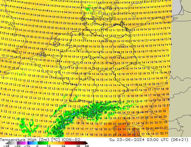 temperatura máx. (2m) ICON-D2 Dom 23.06.2024 03 UTC