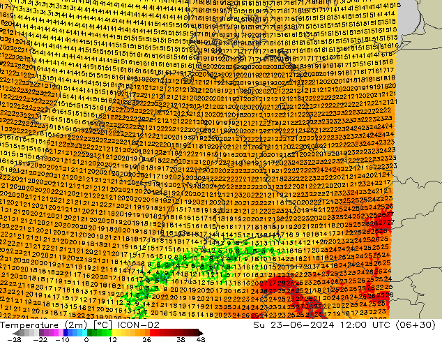 Temperatura (2m) ICON-D2 Dom 23.06.2024 12 UTC