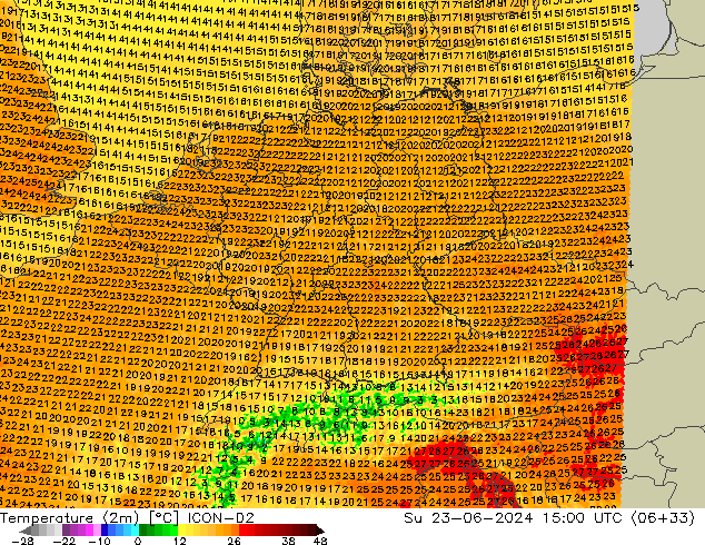 Temperatuurkaart (2m) ICON-D2 zo 23.06.2024 15 UTC