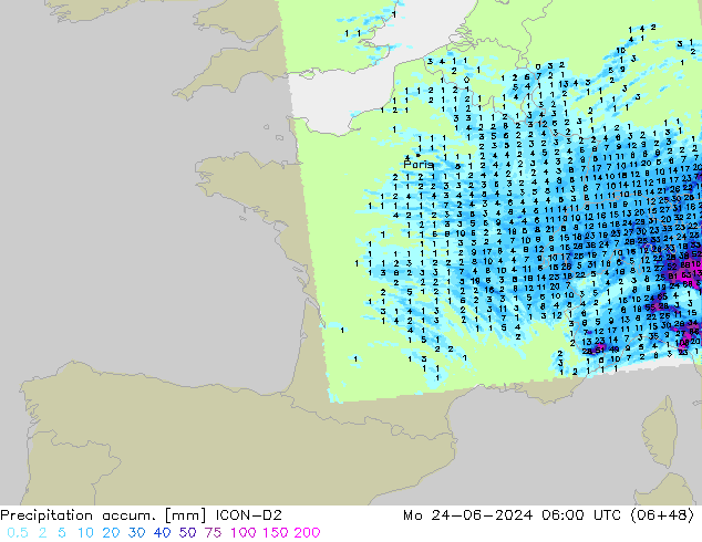 Precipitation accum. ICON-D2 Mo 24.06.2024 06 UTC