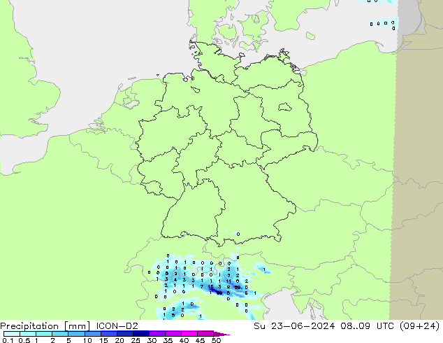 Neerslag ICON-D2 zo 23.06.2024 09 UTC