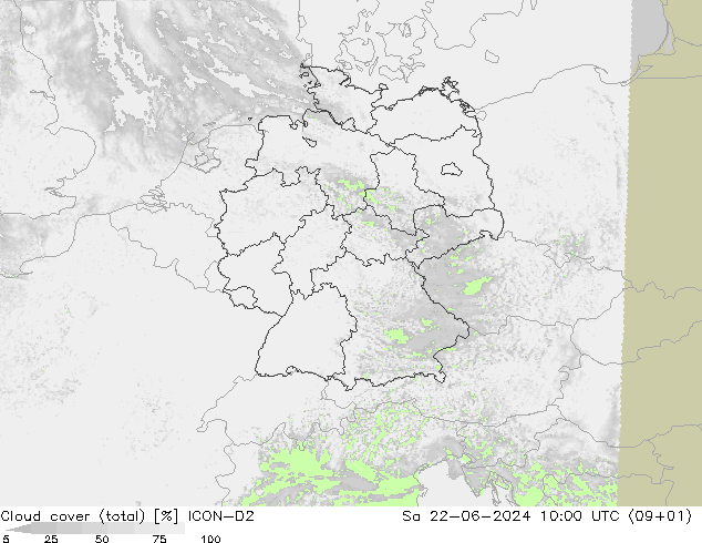 nuvens (total) ICON-D2 Sáb 22.06.2024 10 UTC