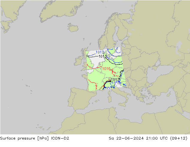 Pressione al suolo ICON-D2 sab 22.06.2024 21 UTC