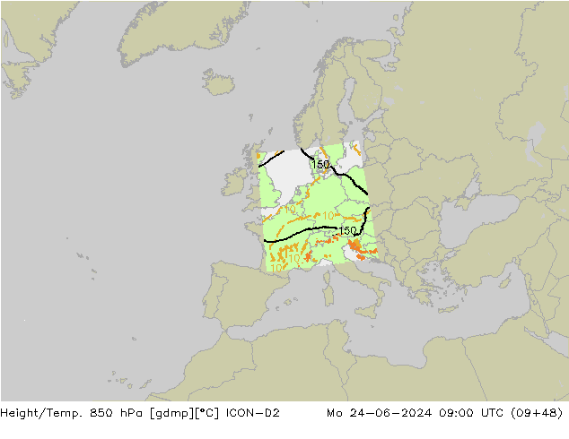 Height/Temp. 850 hPa ICON-D2 Mo 24.06.2024 09 UTC