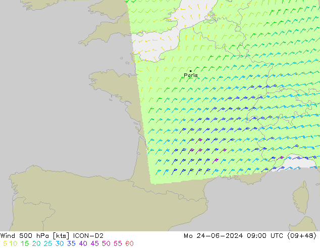 ветер 500 гПа ICON-D2 пн 24.06.2024 09 UTC
