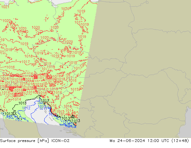 Atmosférický tlak ICON-D2 Po 24.06.2024 12 UTC