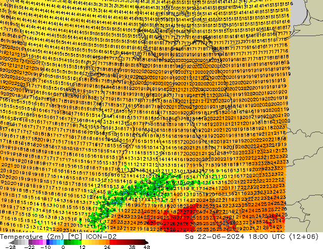 温度图 ICON-D2 星期六 22.06.2024 18 UTC