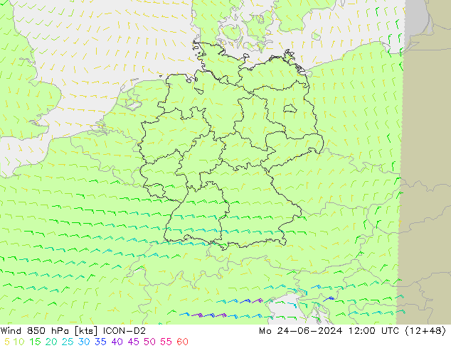 Viento 850 hPa ICON-D2 lun 24.06.2024 12 UTC