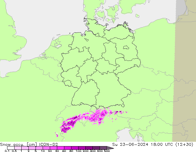 Snow accu. ICON-D2 Su 23.06.2024 18 UTC