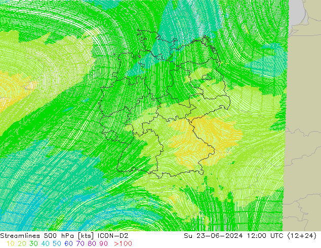 Ligne de courant 500 hPa ICON-D2 dim 23.06.2024 12 UTC