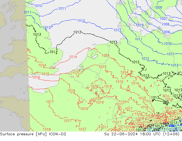 Presión superficial ICON-D2 sáb 22.06.2024 18 UTC