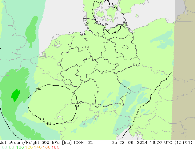 Corriente en chorro ICON-D2 sáb 22.06.2024 16 UTC