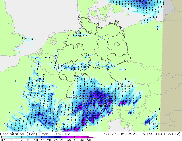 Precipitazione (12h) ICON-D2 dom 23.06.2024 03 UTC