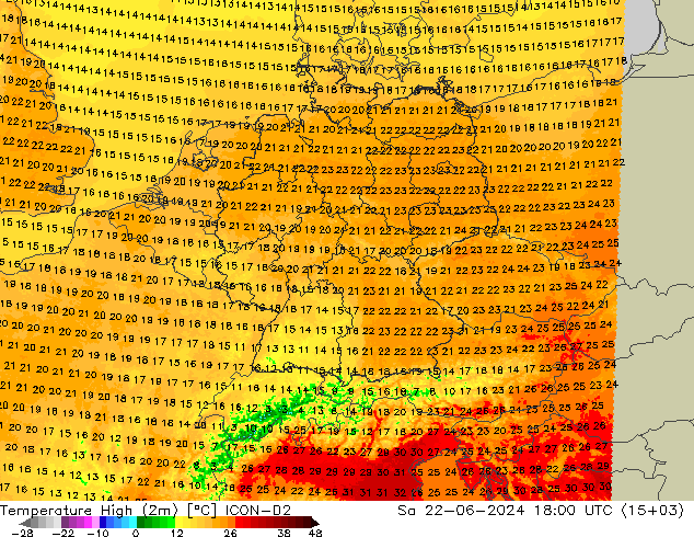 température 2m max ICON-D2 sam 22.06.2024 18 UTC