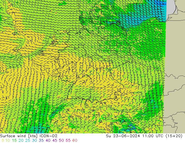 Surface wind ICON-D2 Su 23.06.2024 11 UTC