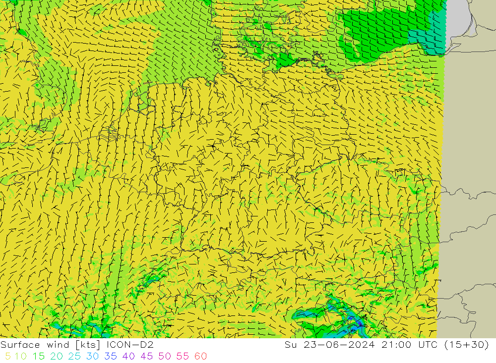 Vento 10 m ICON-D2 Dom 23.06.2024 21 UTC