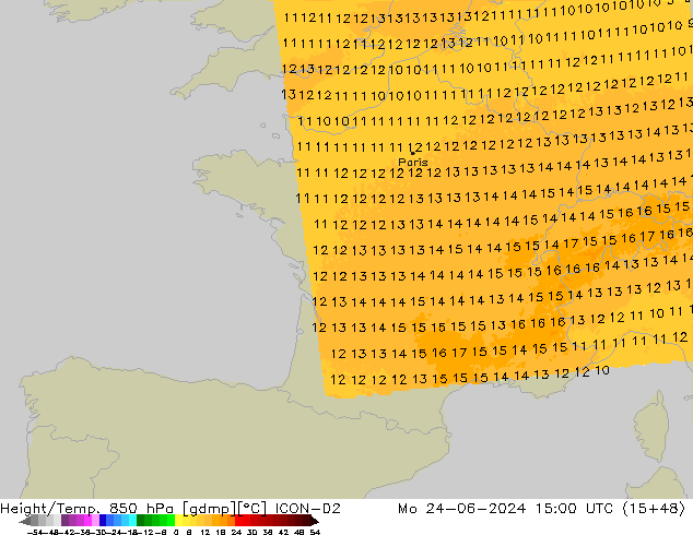 Height/Temp. 850 hPa ICON-D2 Mo 24.06.2024 15 UTC