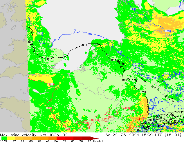 Max. wind velocity ICON-D2 Sa 22.06.2024 16 UTC