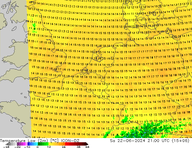 Tiefstwerte (2m) ICON-D2 Sa 22.06.2024 21 UTC
