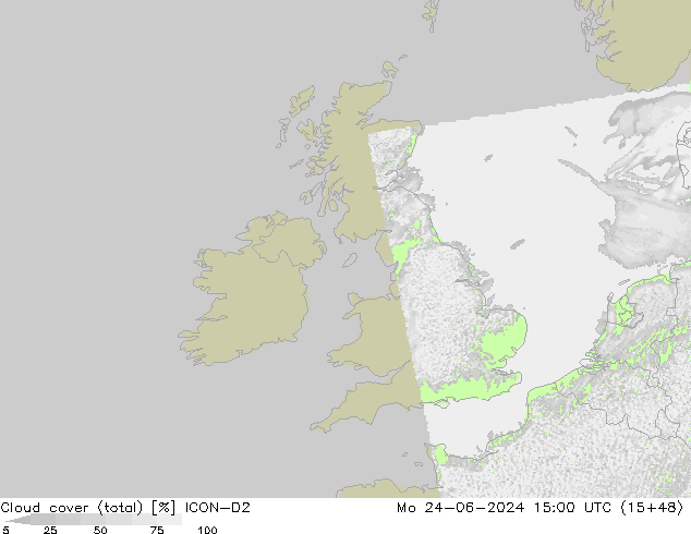 Cloud cover (total) ICON-D2 Po 24.06.2024 15 UTC