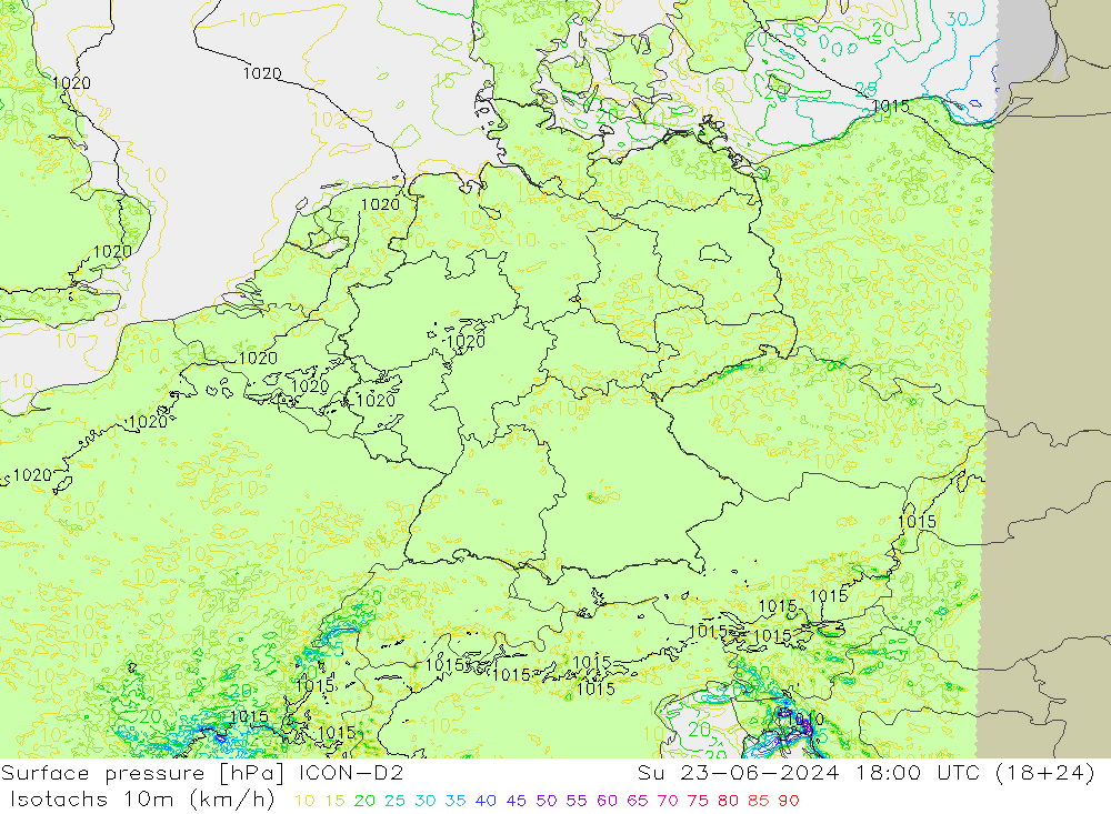 Isotachen (km/h) ICON-D2 zo 23.06.2024 18 UTC