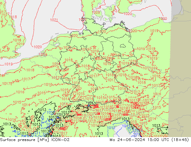 Presión superficial ICON-D2 lun 24.06.2024 15 UTC