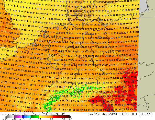 Temperature High (2m) ICON-D2 Su 23.06.2024 14 UTC