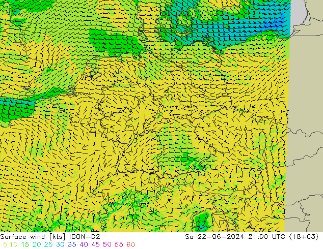 Rüzgar 10 m ICON-D2 Cts 22.06.2024 21 UTC