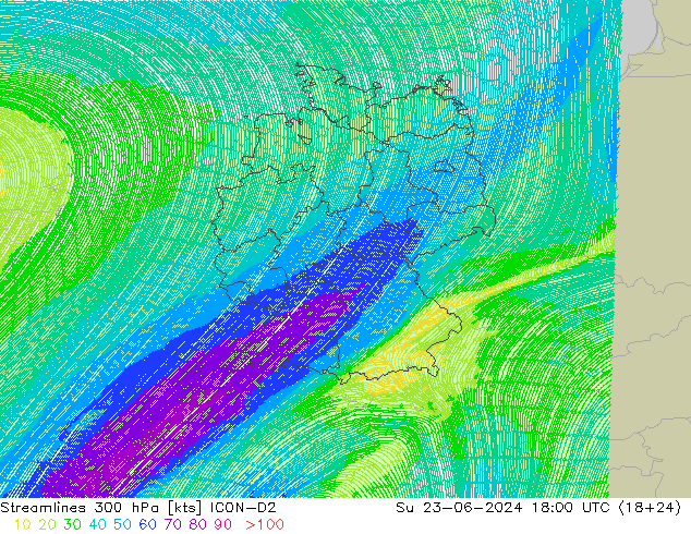 Stromlinien 300 hPa ICON-D2 So 23.06.2024 18 UTC