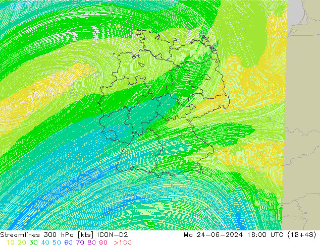 Streamlines 300 hPa ICON-D2 Mo 24.06.2024 18 UTC