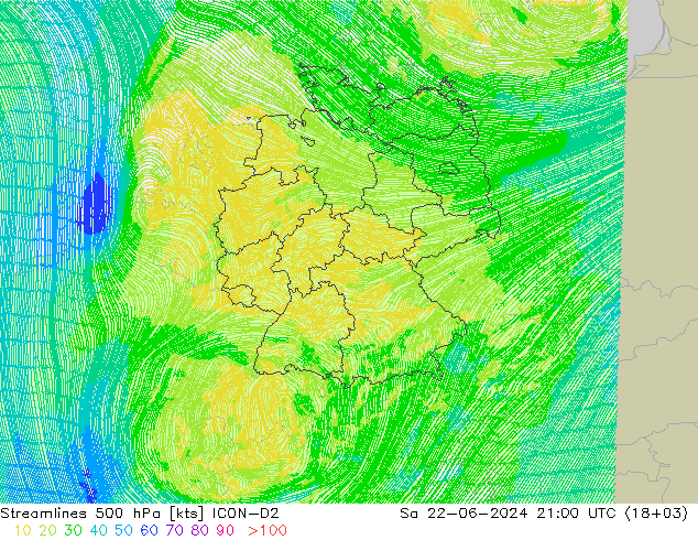 Streamlines 500 hPa ICON-D2 So 22.06.2024 21 UTC