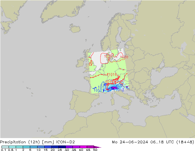 Précipitation (12h) ICON-D2 lun 24.06.2024 18 UTC