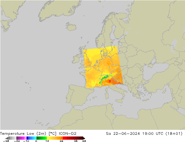 Temp. minima (2m) ICON-D2 sab 22.06.2024 19 UTC