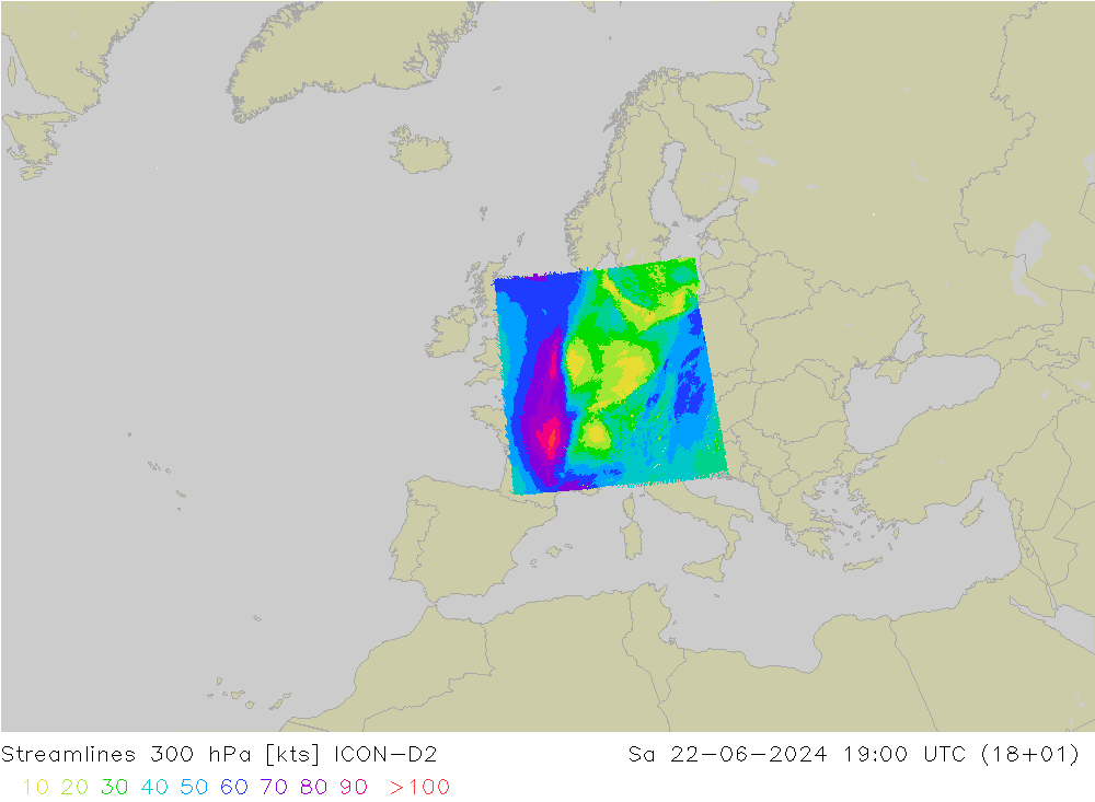 风 300 hPa ICON-D2 星期六 22.06.2024 19 UTC