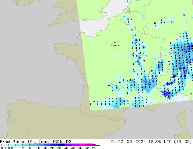 Precipitation (6h) ICON-D2 Su 23.06.2024 00 UTC