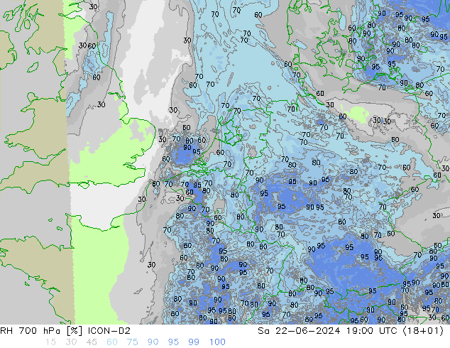 RH 700 hPa ICON-D2 星期六 22.06.2024 19 UTC