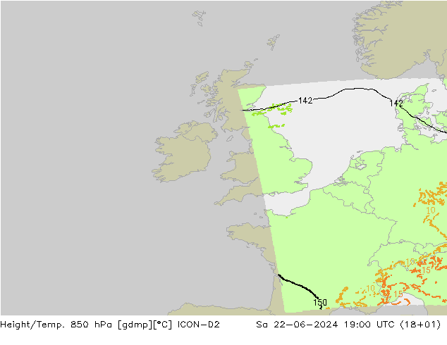 Géop./Temp. 850 hPa ICON-D2 sam 22.06.2024 19 UTC