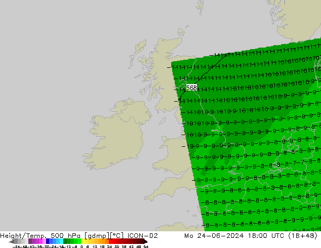 Height/Temp. 500 hPa ICON-D2 pon. 24.06.2024 18 UTC